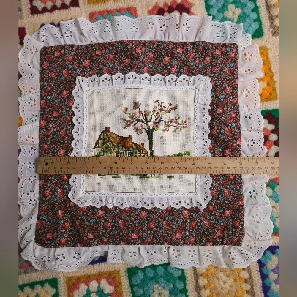 Vintage Embroidered Cross Stitch Lace Pillowcase Spring Cottage 13x13 Handmade